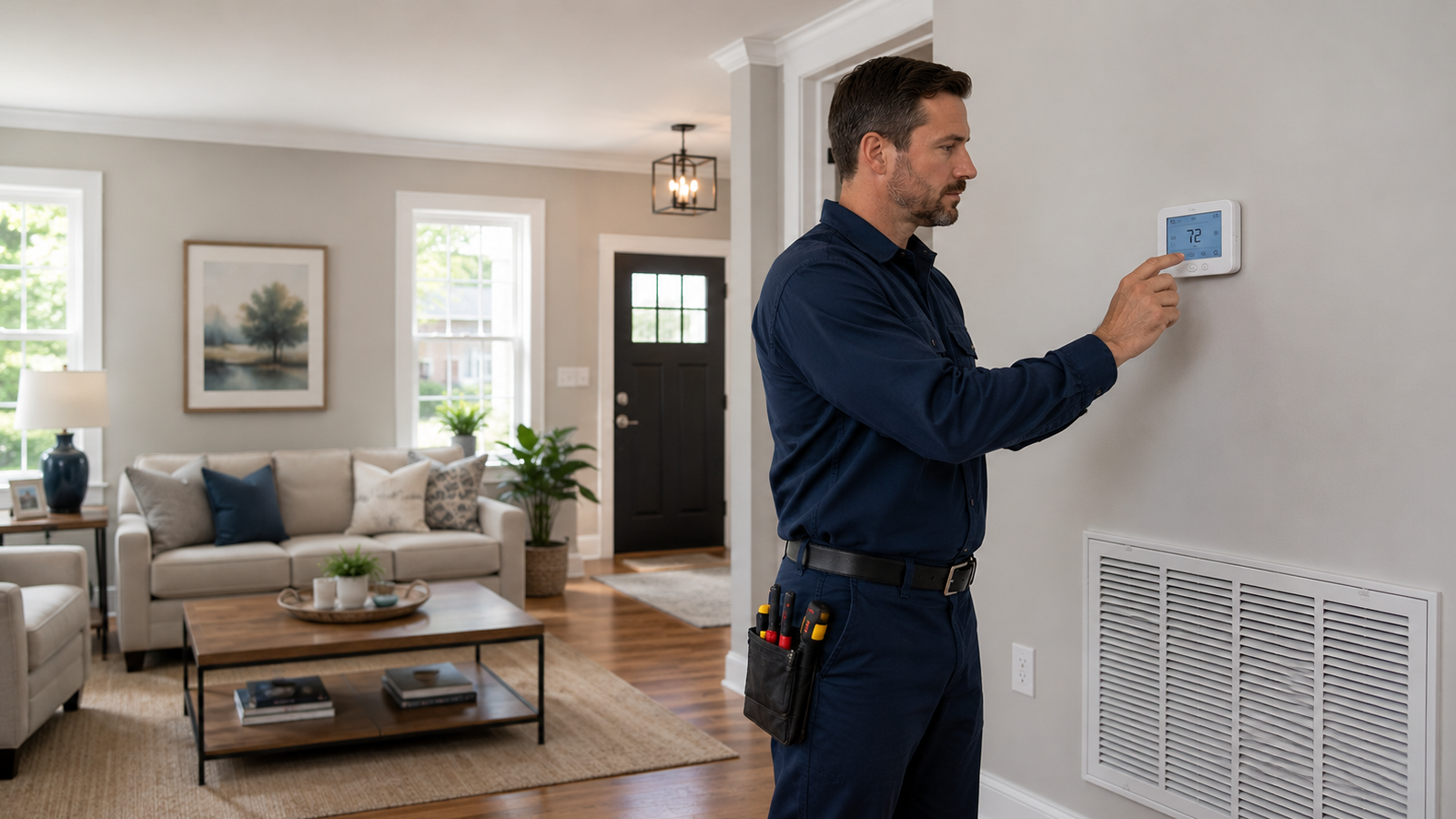 HVAC technician checking a thermostat in a residential home